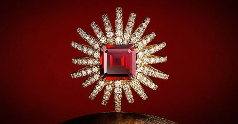 Close-up photograph of a square red gemstone ring surrounded by pavé diamonds in a sunburst design.