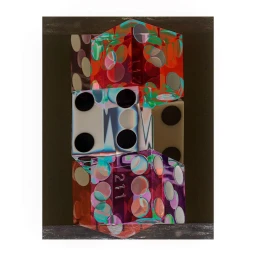 Close-up of translucent colorful dice stacked vertically featuring abstract refractive light patterns and numbers.