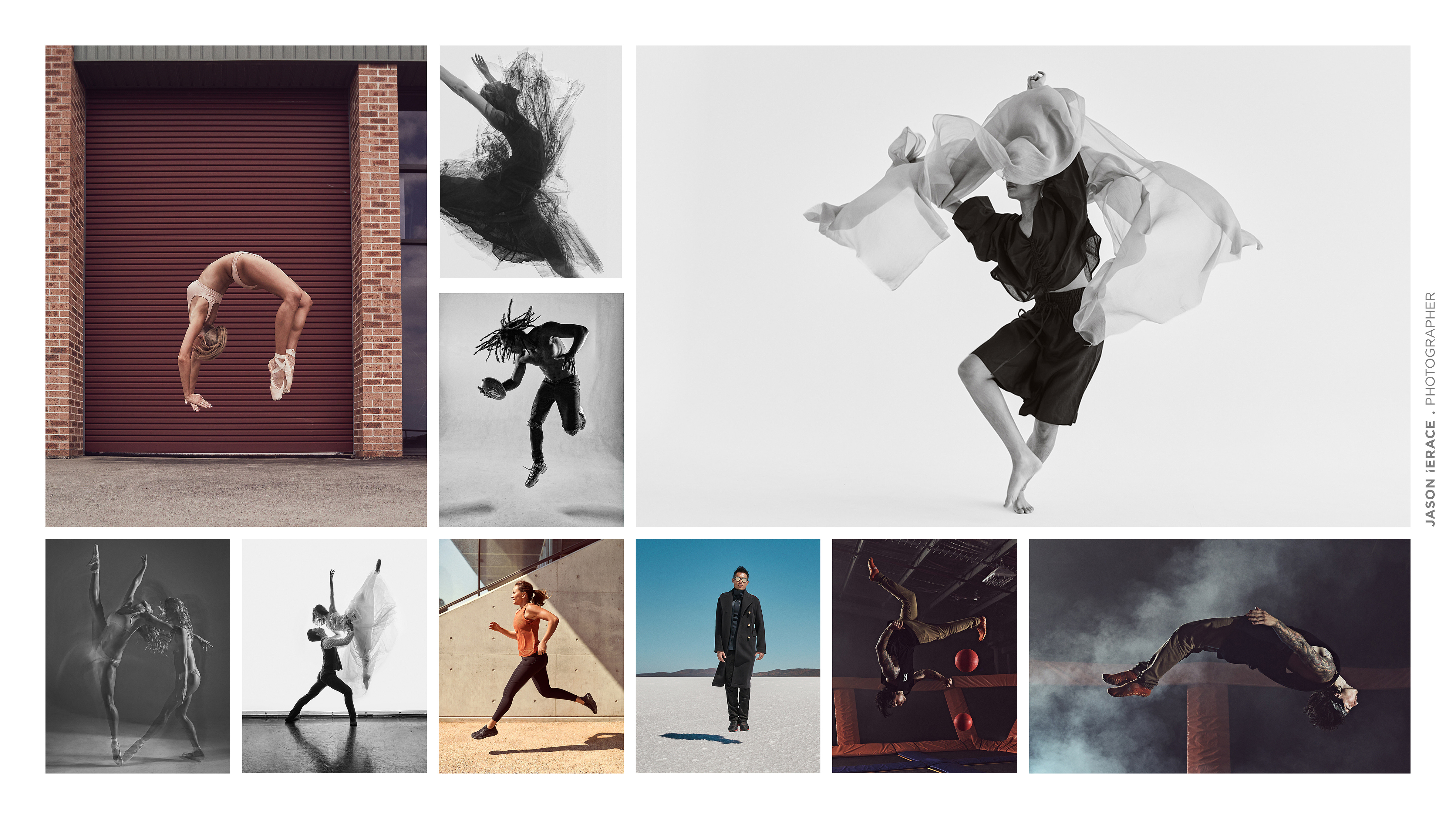 Portfolio of fashion, dance, and sport photography with diverse models in motion against varied backdrops.