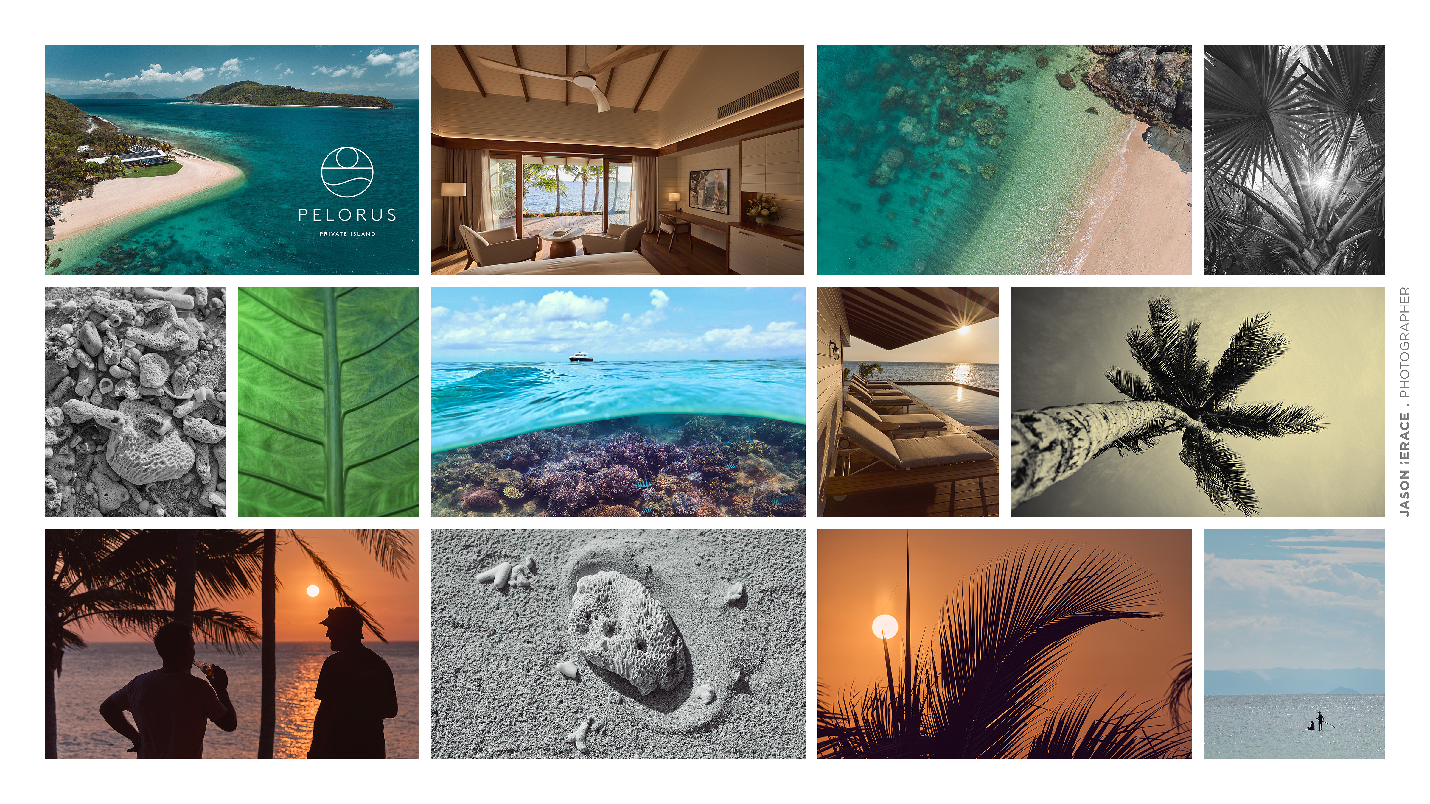 Collage featuring various tropical island scenes, including beaches, ocean views, interior architecture, and palm trees in daylight and sunset.