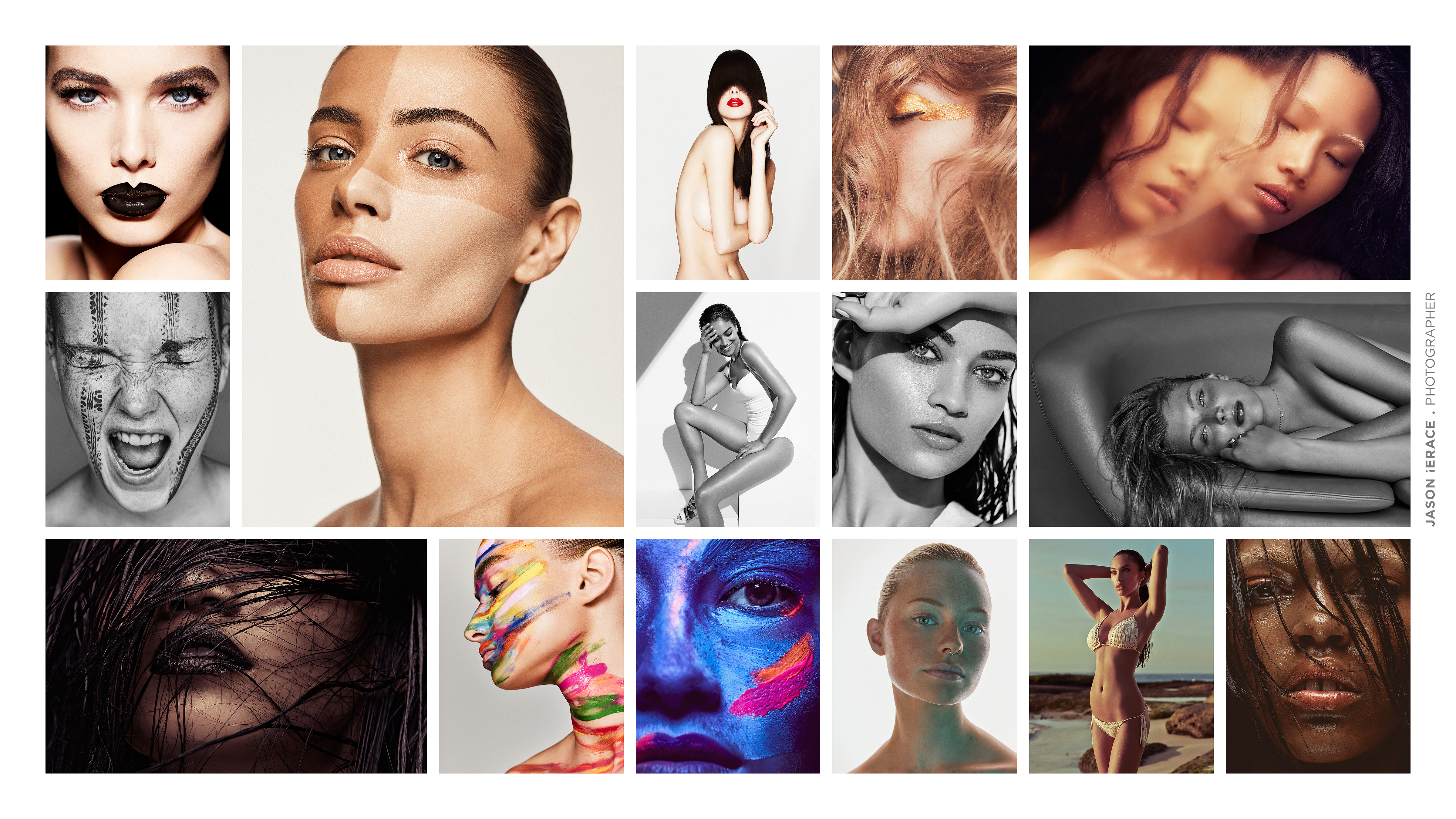 Diverse collection of beauty portraits showcasing various makeup styles, lighting techniques, and model poses in a studio setting.