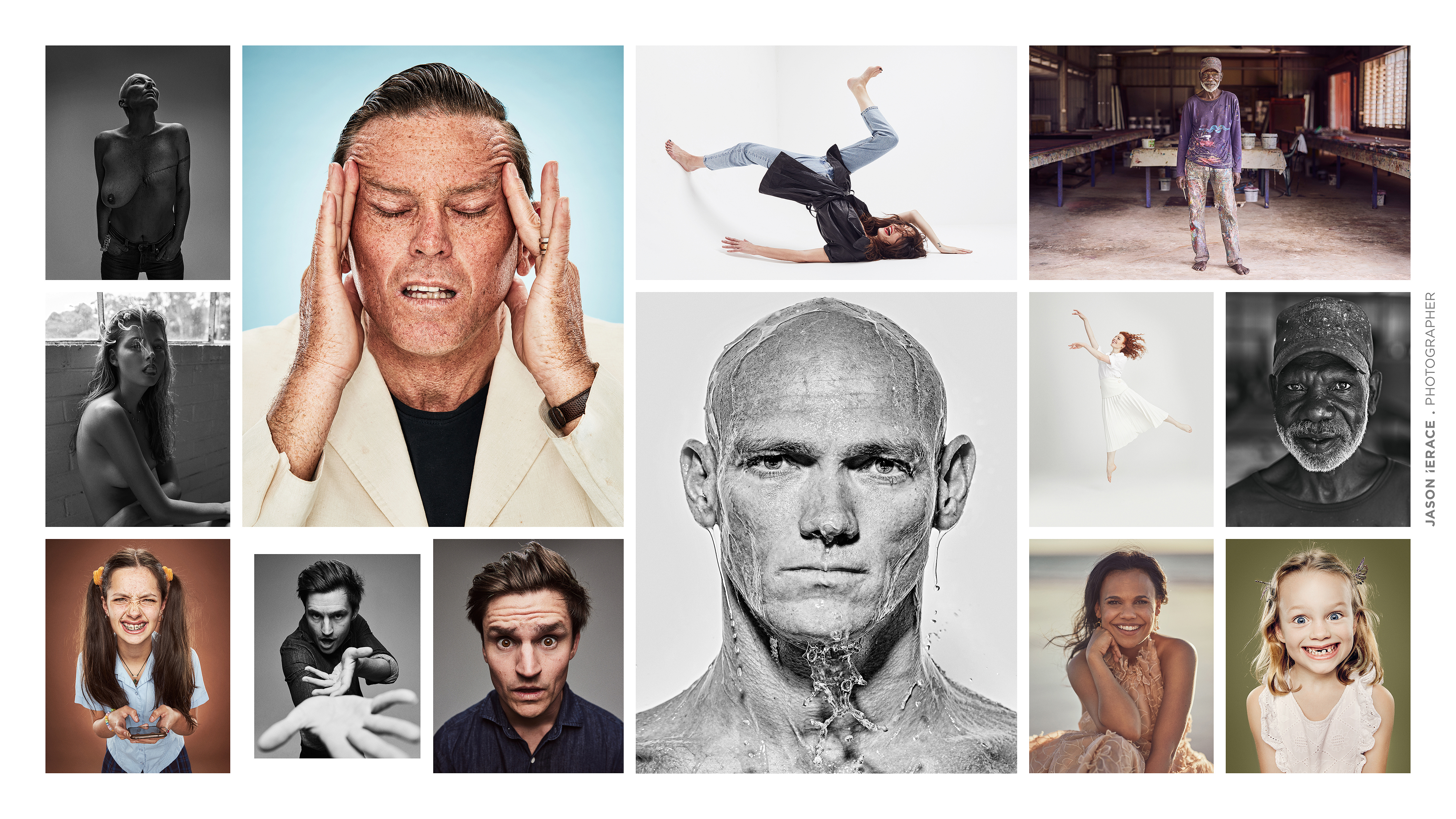 Series of portrait photographs featuring diverse subjects, including adults and children, showcasing a range of expressions and compositions.