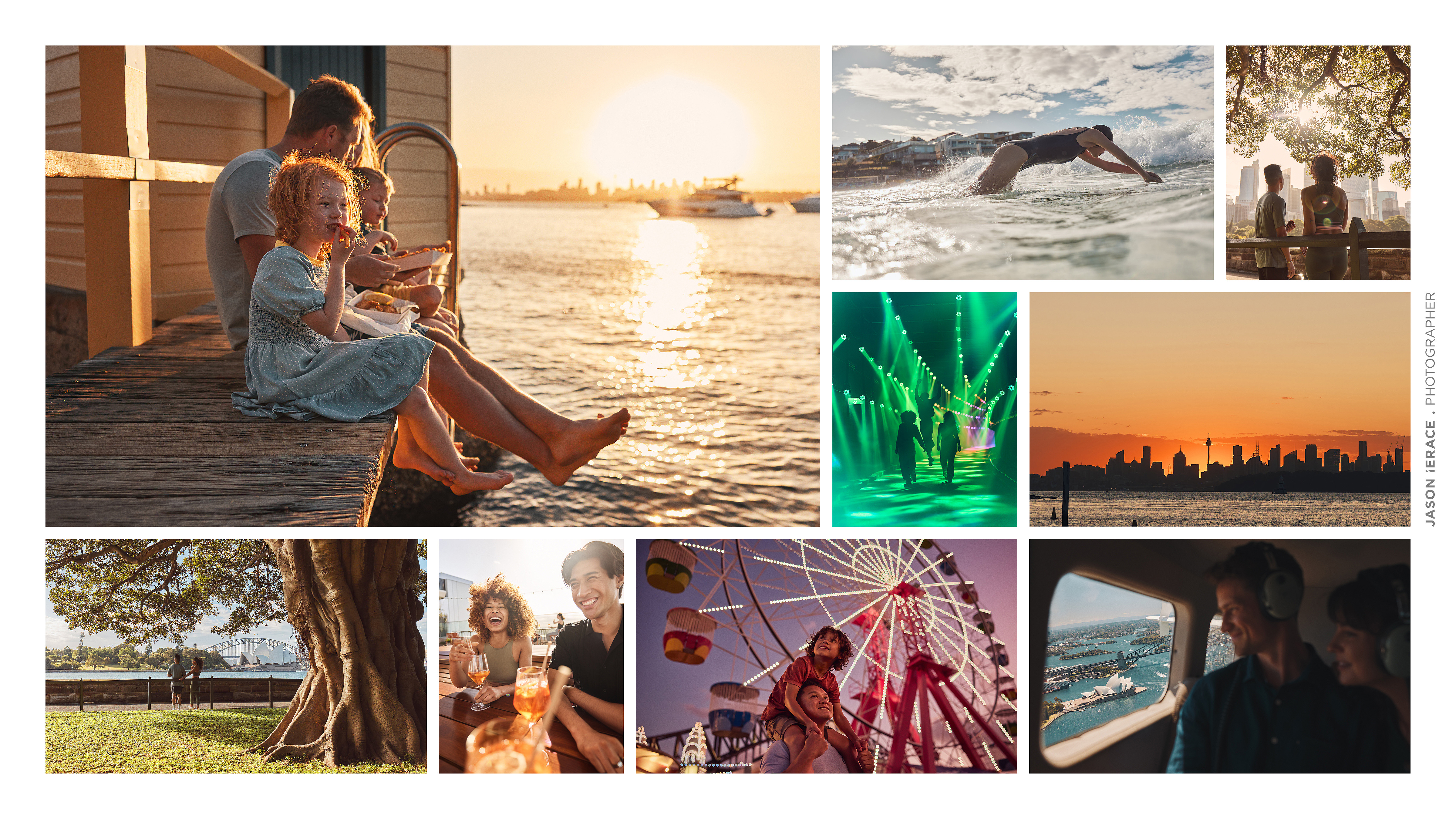 Composite image featuring families, cityscapes, and recreational activities, with bright lighting and varied outdoor and indoor settings.