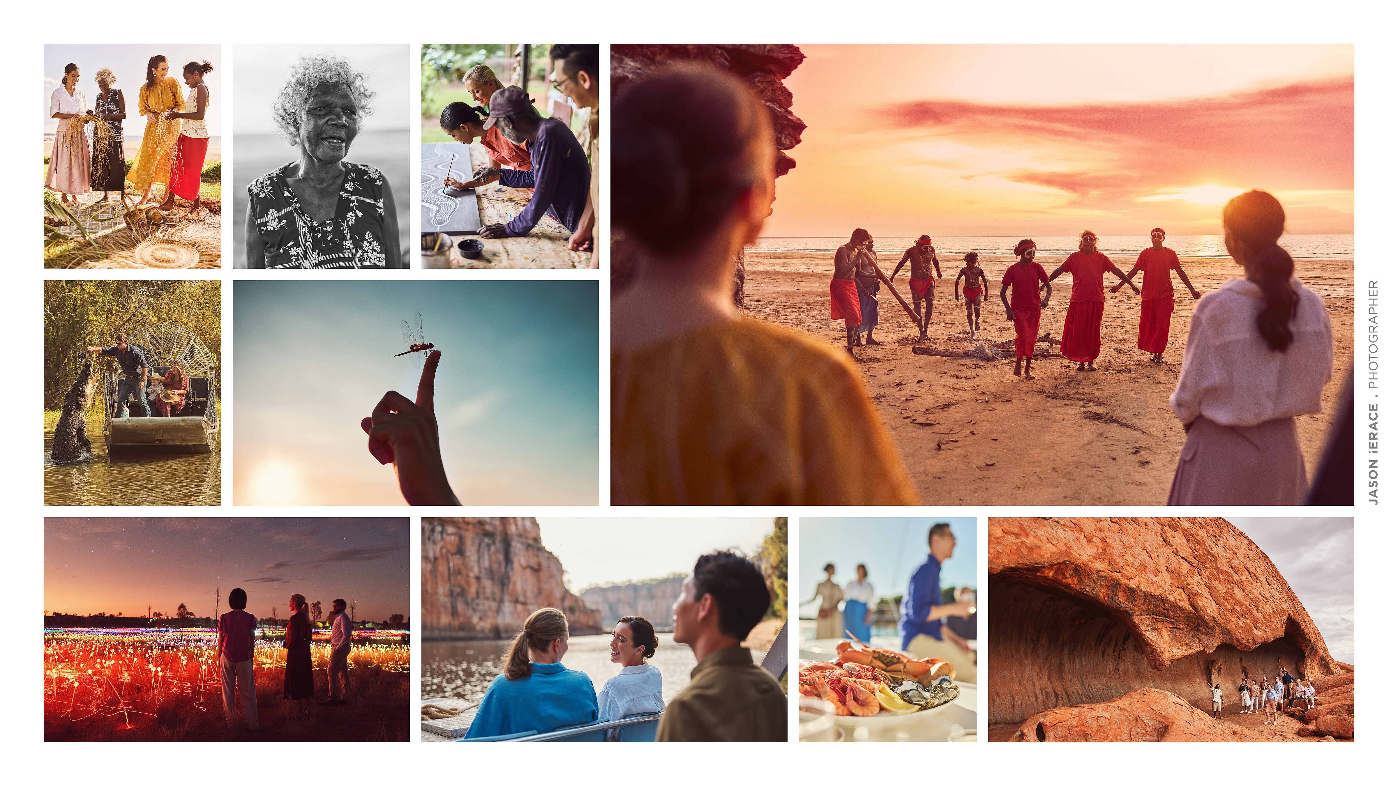 Collage of diverse Australian scenes: indigenous women weaving, portrait, family scenes, nature, outback landscapes, and cultural experiences.