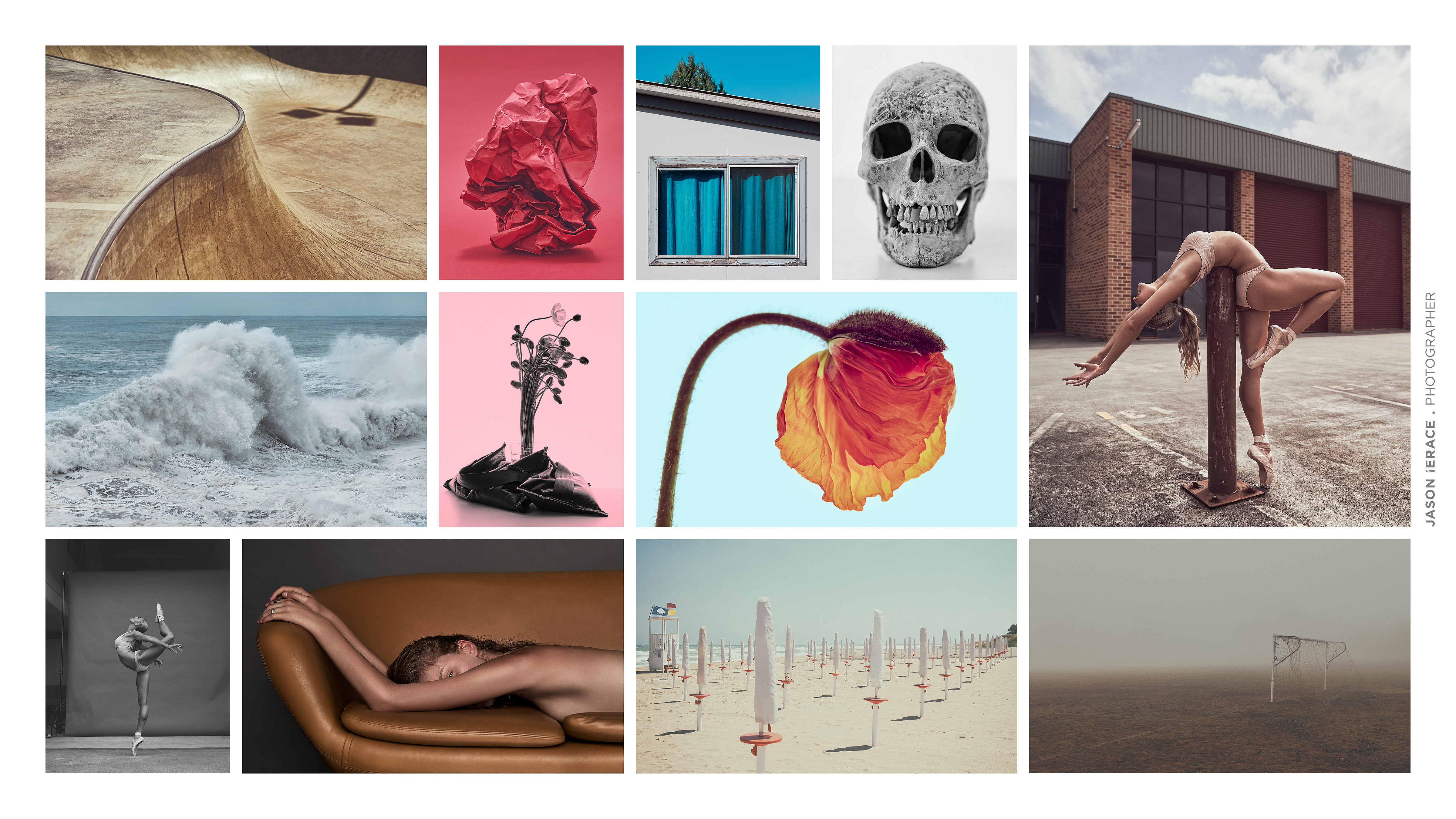 Compilation of images featuring a skatepark, red sculpture, window, skull, dancer, ocean waves, flower, woman on a couch, and beach.