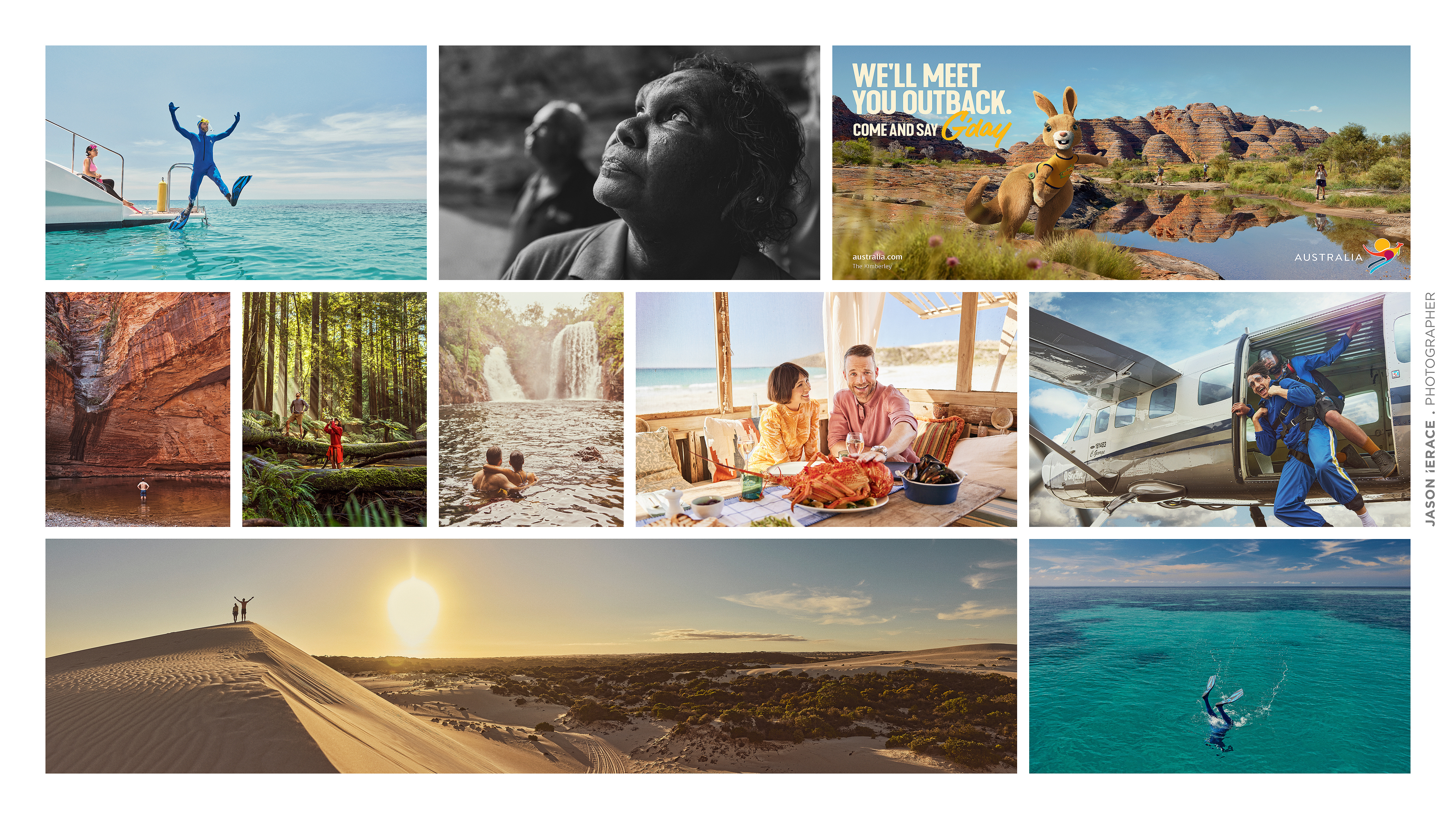 Montage of vibrant Australian tourism scenes: ocean diver, outback, family dining, desert dunes, showcasing natural beauty and adventure.