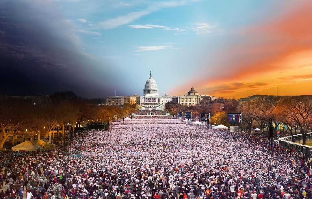 A massive crowd gathers in front of the US Capitol building under a split sky, half night and half sunset.