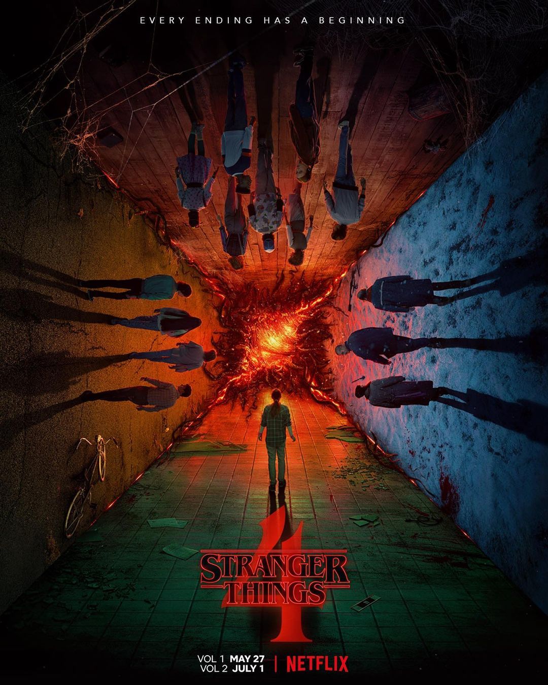 Stranger Things Season 4 poster: A person stands in a corridor between two worlds with other people lined up on the sides, and red lightning.