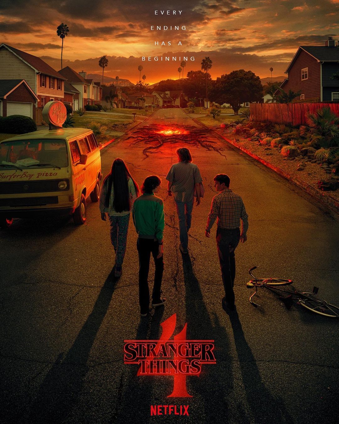 Movie poster featuring four people walking down a street towards an ominous glowing patch with a van and houses in the background.