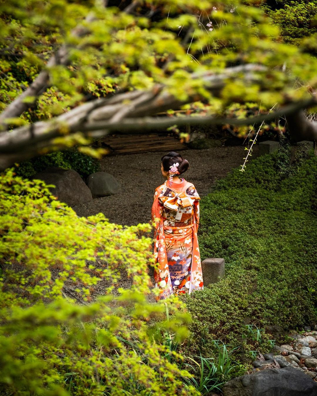 Back view of an adult female wearing an orange kimono with an ornate obi, standing in a lush green garden setting with stone features.