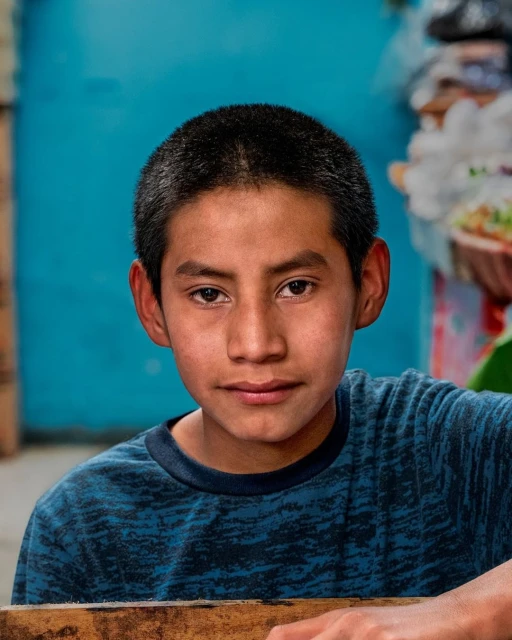 Close-up portrait of a young boy with short dark hair, looking directly at the camera against a bright blue background.