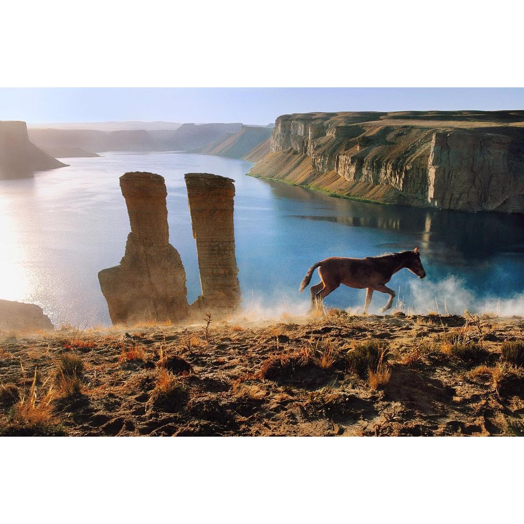 Brown horse runs through a desert landscape near water and cliffs on a sunny day. Two rock pillar formations are visible.
