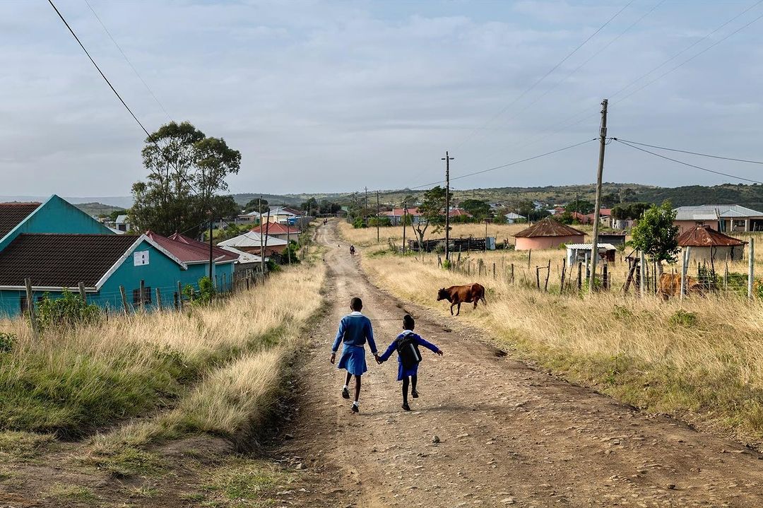 Two children in school uniforms walk hand-in-hand down a dirt road in a rural area with houses, grass, and a cow in the background.