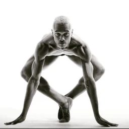 Black male dancer crouching in a low athletic pose against a white background by Steve Vaccariello