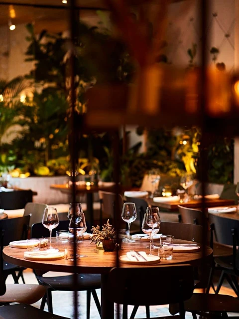 Indoor restaurant featuring a set table with wine glasses, plates, silverware, and decor, set against a lush green plant wall.