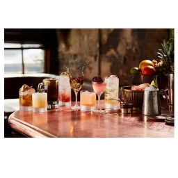 A lineup of various artisanal cocktails on a polished copper bar top with fruit garnish and ice