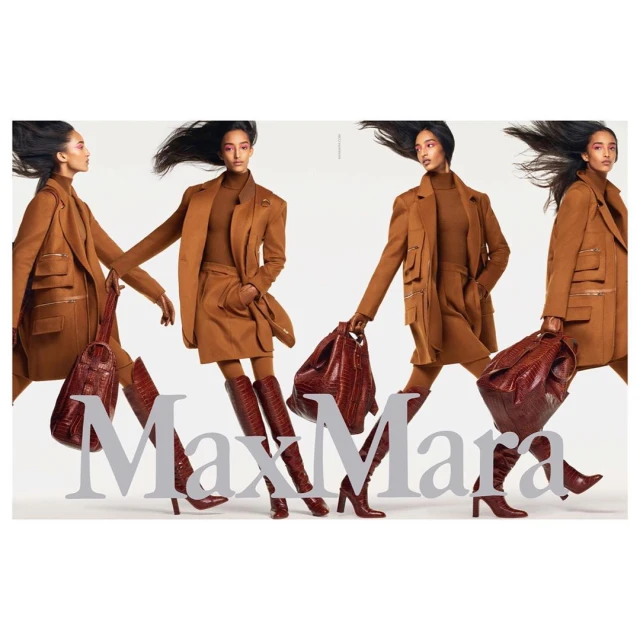 Fashion editorial features a model showcasing Max Mara clothing in a studio setting, wearing a brown coat, dress, boots, and carrying a purse.
