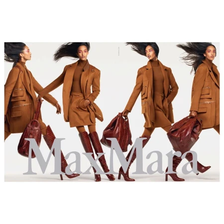Fashion editorial features a model showcasing Max Mara clothing in a studio setting, wearing a brown coat, dress, boots, and carrying a purse.