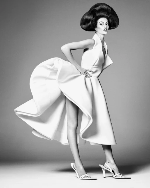 Black and white fashion shot of a woman posing in a white dress and heels against a grey backdrop, showcasing avant-garde style.