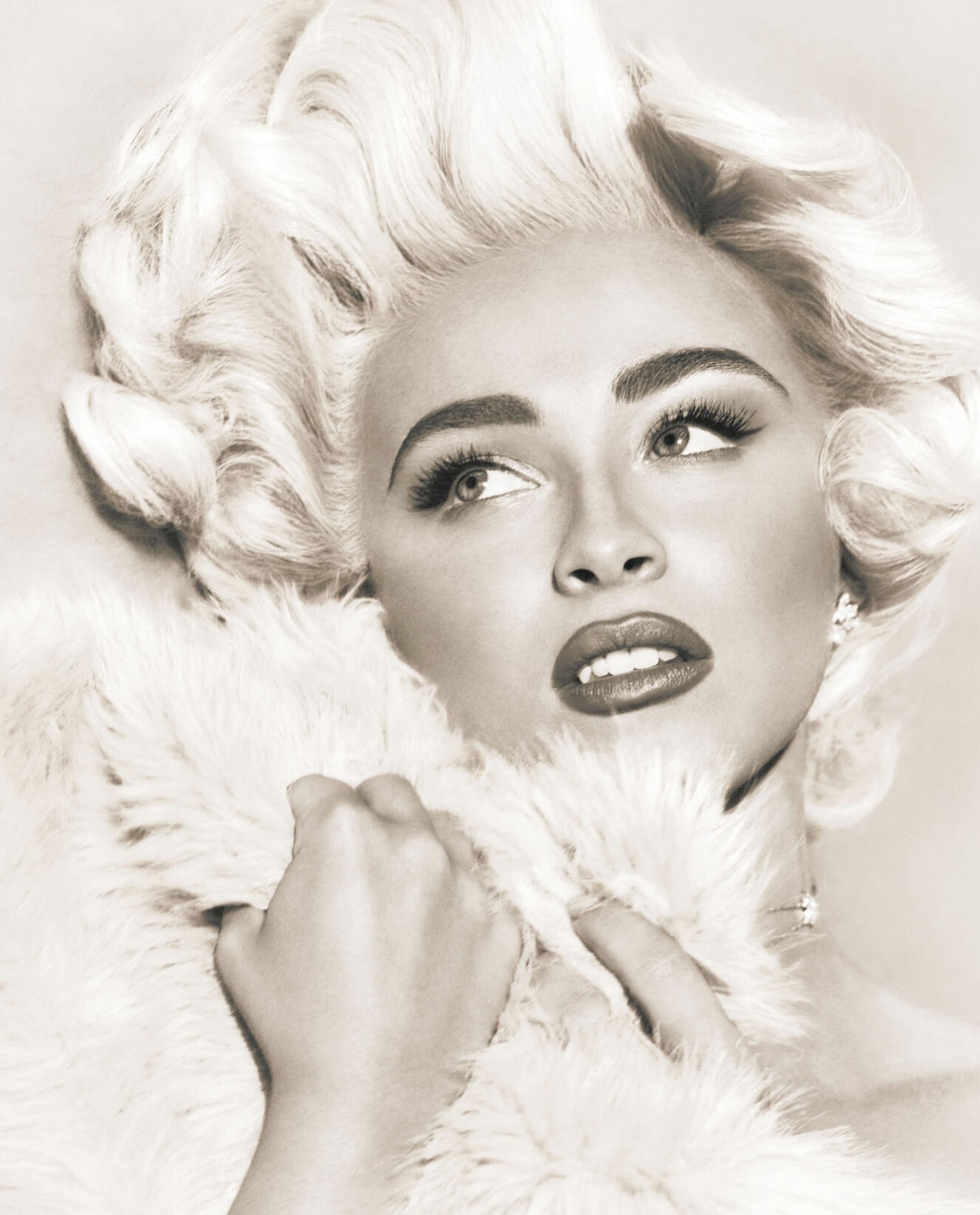 Portrait of a blonde woman with dramatic makeup and fur stole, looking up and to the side in a vintage style. Close-up studio shot.
