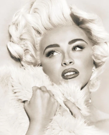Portrait of a blonde woman with dramatic makeup and fur stole, looking up and to the side in a vintage style. Close-up studio shot.