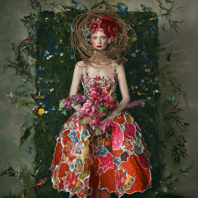 Woman in a floral dress with a twig halo, holds pink flowers against a green floral background with butterflies and birds in artistic photograph.