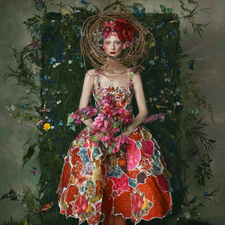 Woman in a floral dress with a twig halo, holds pink flowers against a green floral background with butterflies and birds in artistic photograph.