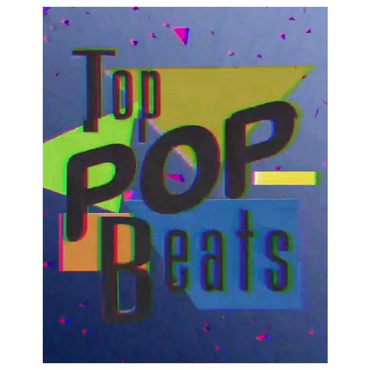 A promotional graphic with the stacked text “Top Pop Beats” on a gradient background with neon geometric shapes and colorful confetti.