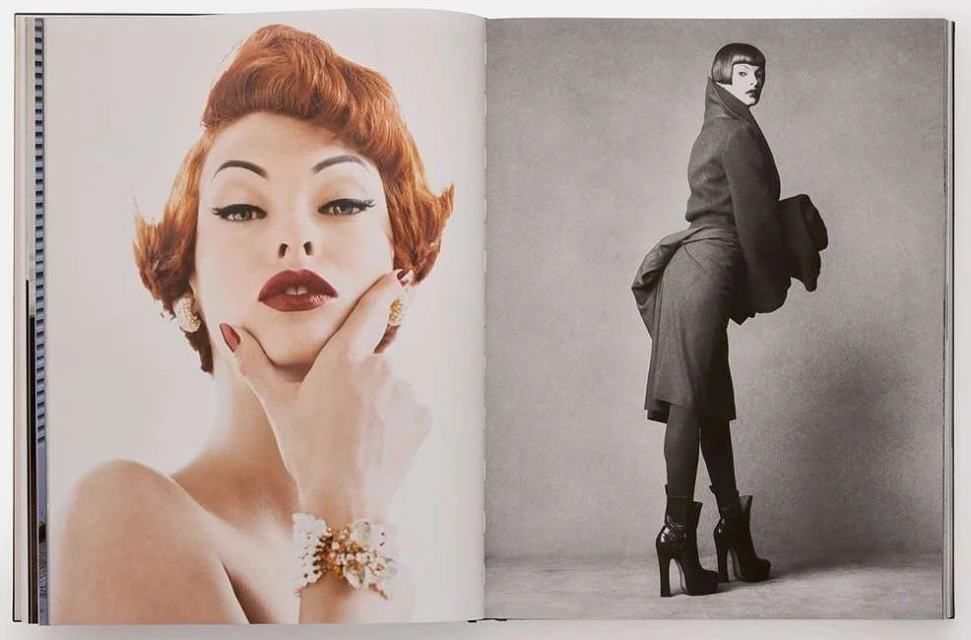 Open magazine spread featuring two vintage-inspired fashion photos: a red-haired woman and a woman in a gray coat and high heels.