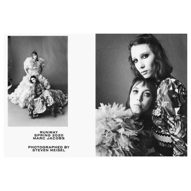Black and white fashion editorial featuring two women modeling haute couture garments against a neutral studio backdrop, retro-inspired styling.
