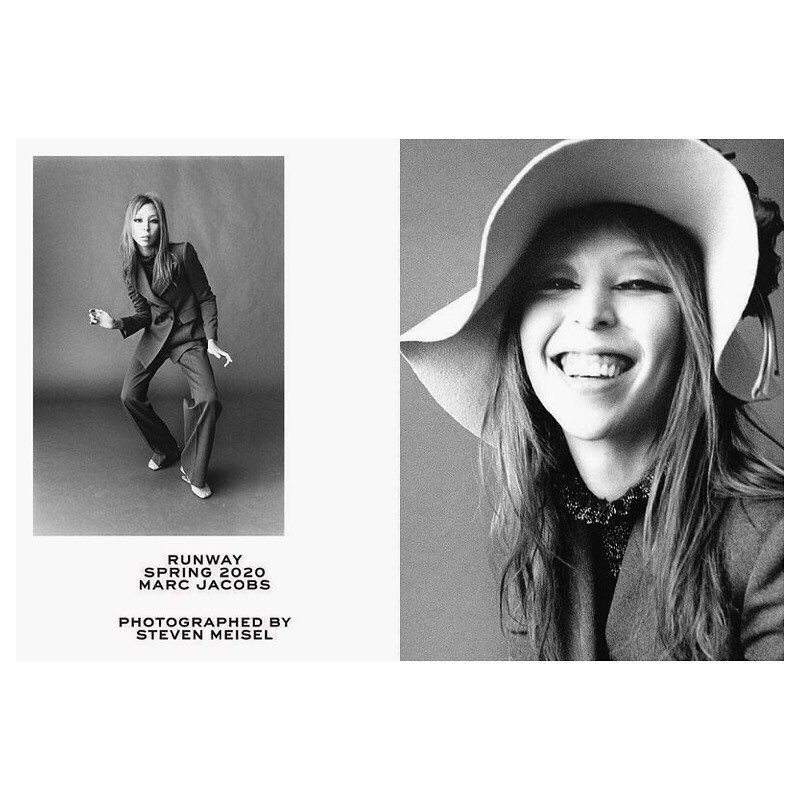 Two black and white photographs showing a smiling Asian woman in a suit and a hat, and a woman in a suit striking a pose.