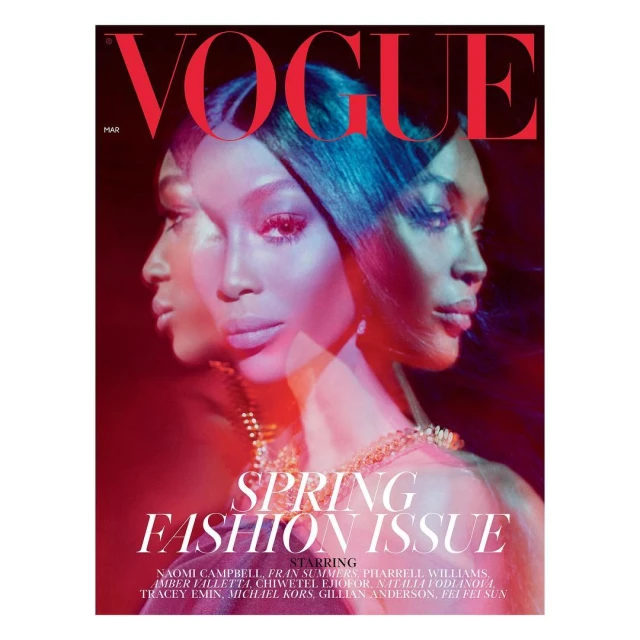 Vogue magazine cover featuring Naomi Campbell in a tri-exposure photo, Spring Fashion Issue, red color scheme, studio lighting, and elegant jewelry.