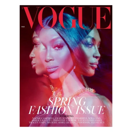 Vogue magazine cover featuring Naomi Campbell in a tri-exposure photo, Spring Fashion Issue, red color scheme, studio lighting, and elegant jewelry.