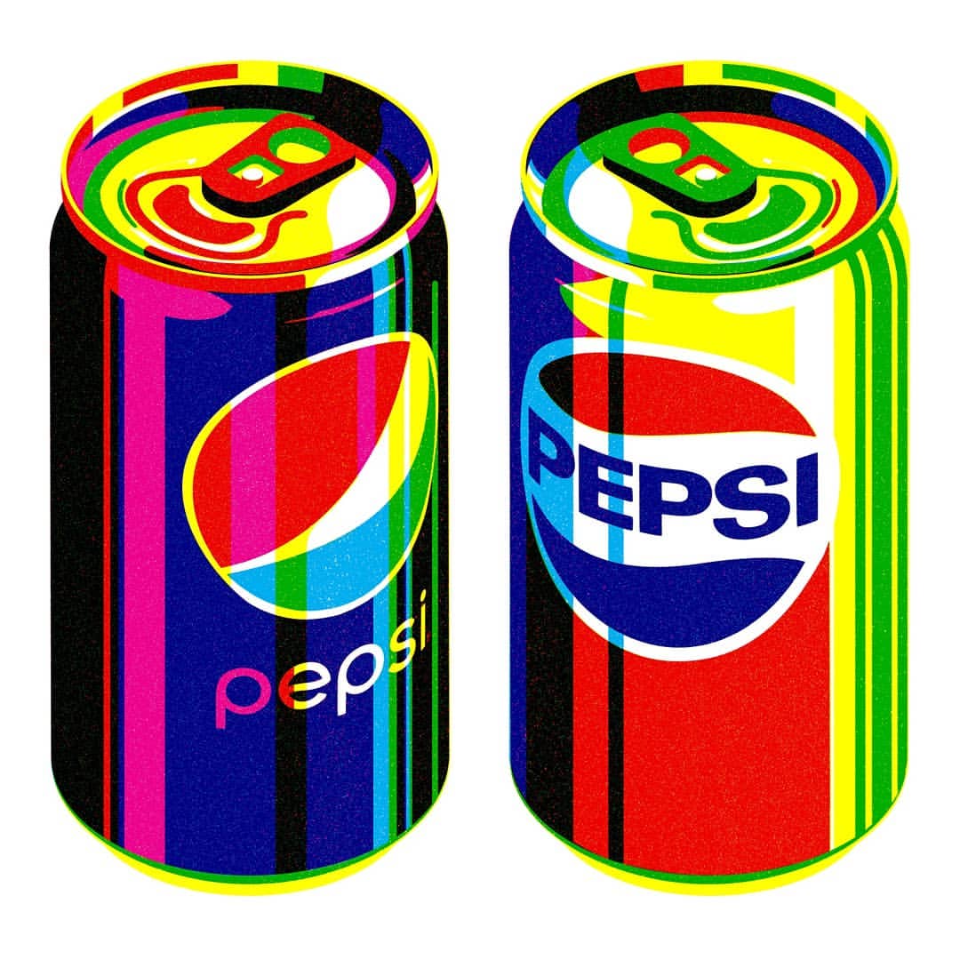 Two vibrant Pepsi cans with bold, colorful stripes in red, blue, yellow, and green, isolated on a clean, white background for a pop art aesthetic.