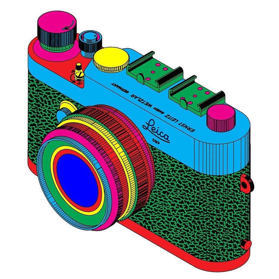 Brightly colored illustration of a Leica camera with red, blue, yellow, pink, and green accents on a white background.