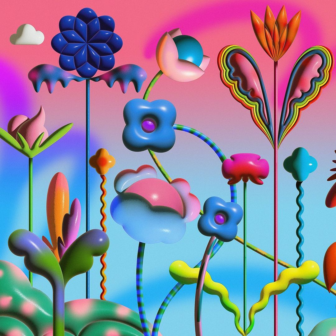Whimsical digital art featuring colorful, abstract floral designs in a surreal garden setting with a pastel gradient background and soft lighting.