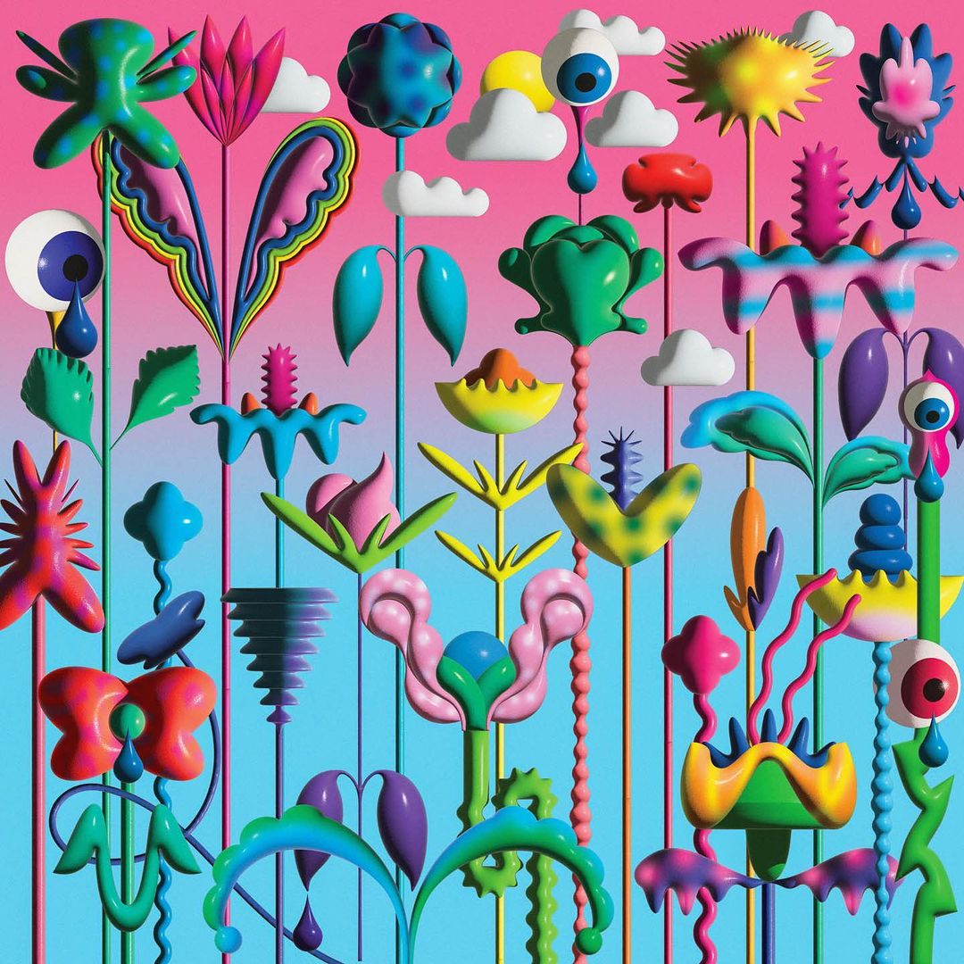 Surreal digital art displays a colorful array of whimsical plant-like forms and cartoon clouds set against a gradient pink and blue backdrop.