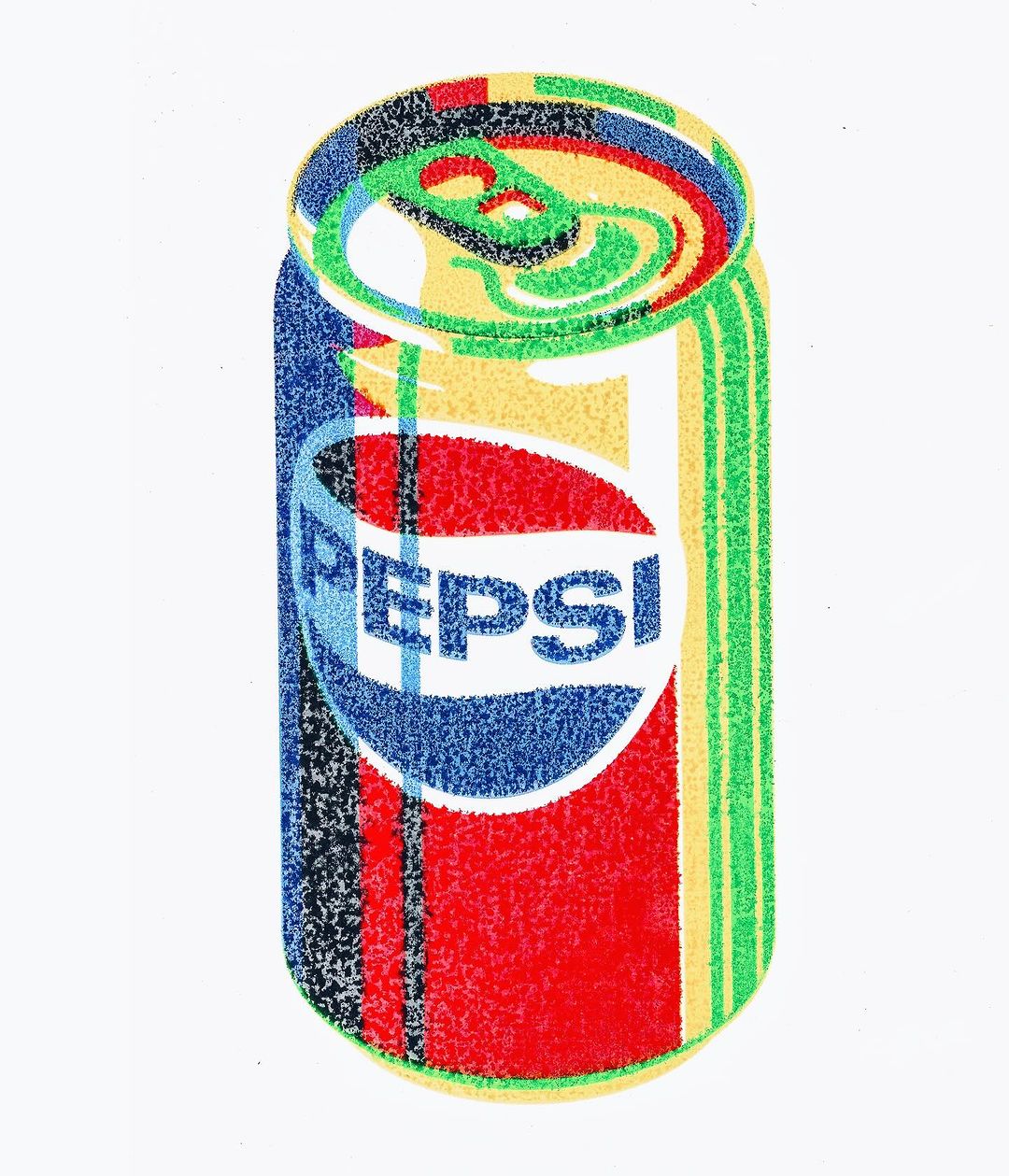 Pop art illustration of a red, white, and blue Pepsi can on a white background with colorful dotted texture and vintage aesthetic.