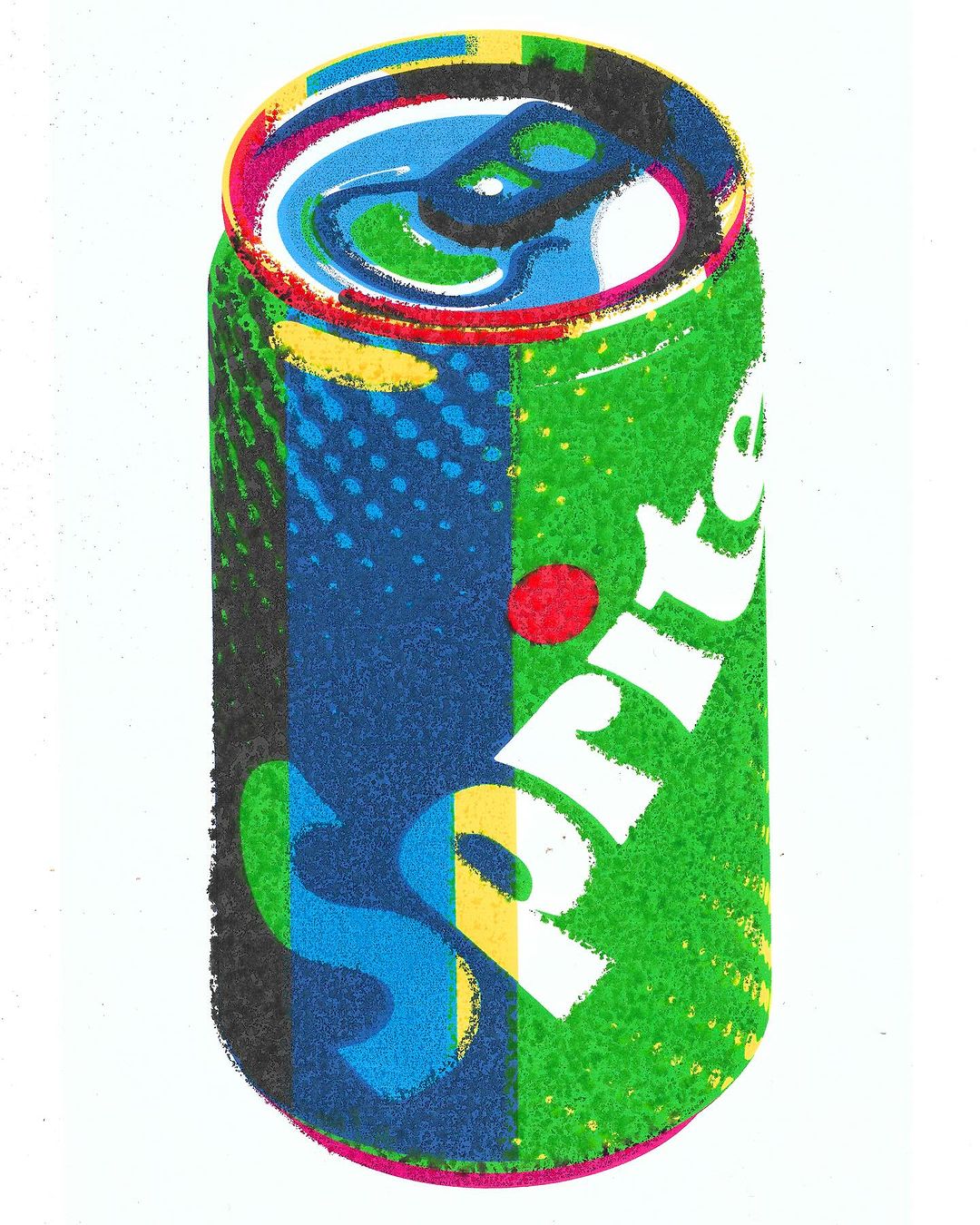 Illustration of a Sprite soda can in a vibrant, colorful, and textured design against a plain white background.