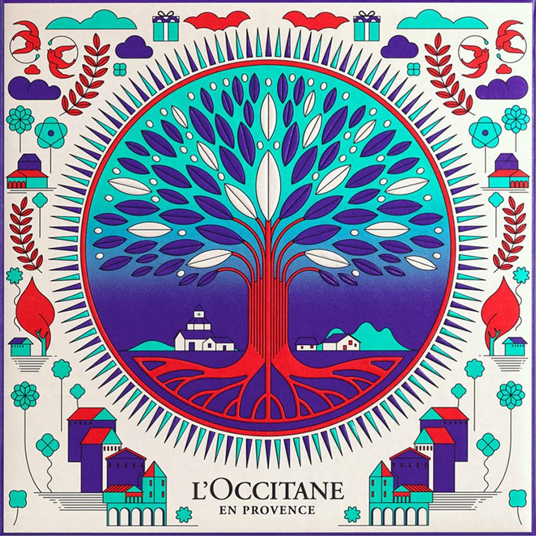 Graphic illustration with a central tree design, surrounding village buildings, and 'L'Occitane en Provence' text at the bottom.