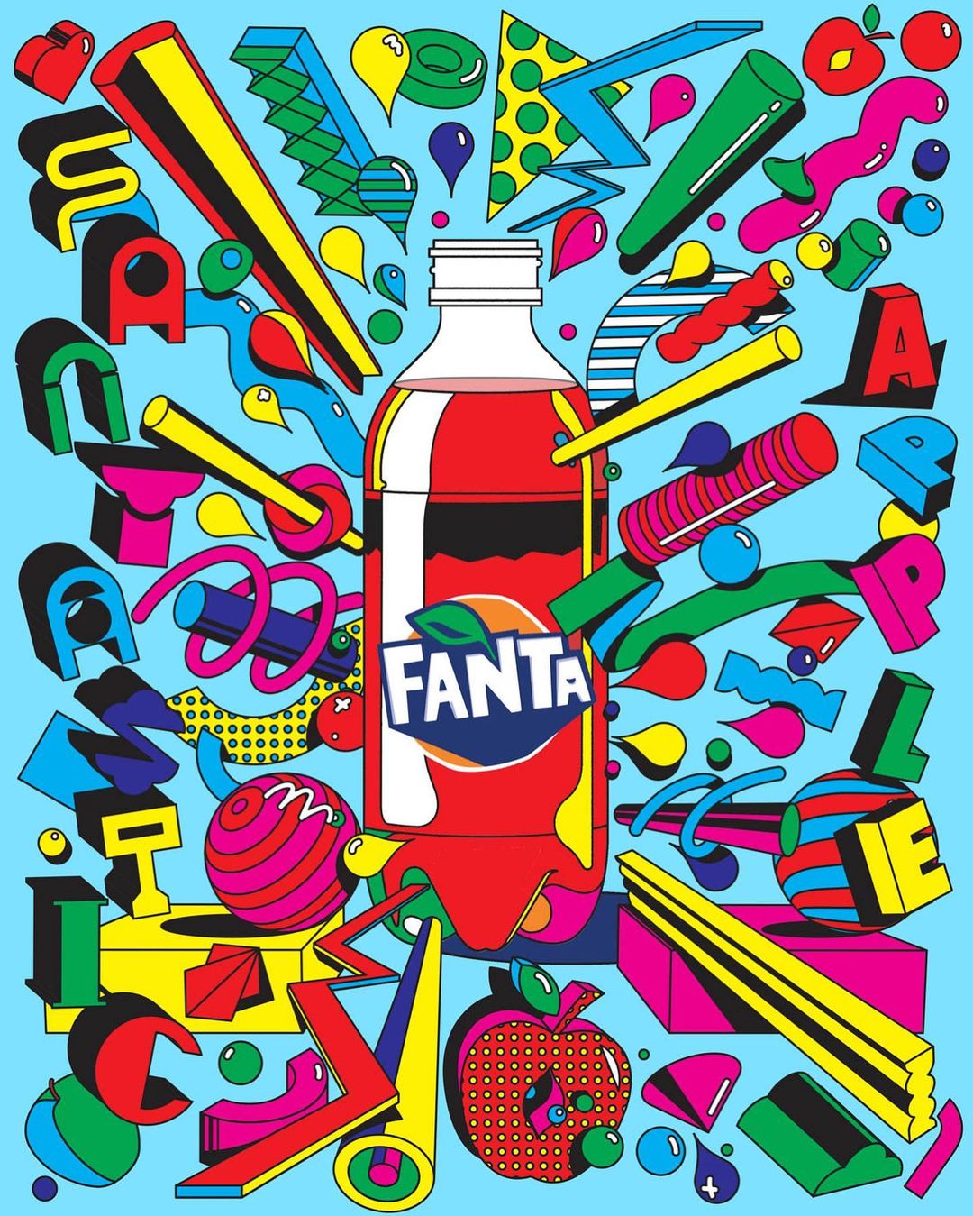 Illustration of a Fanta bottle surrounded by colorful geometric shapes and playful design elements against a light blue background.