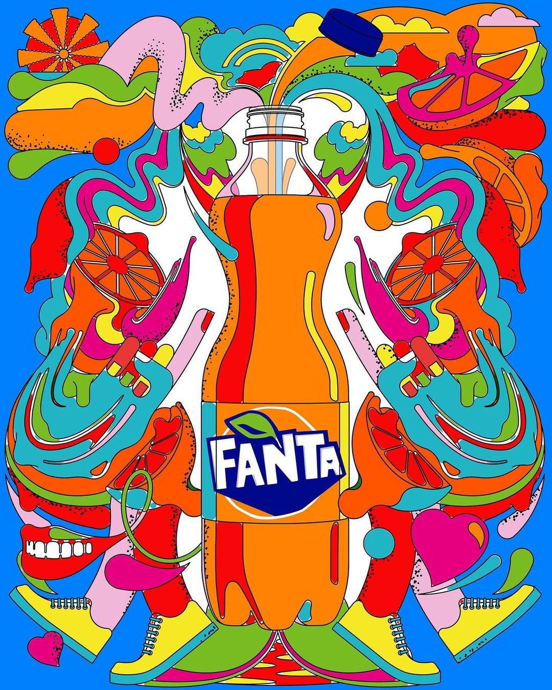 Fanta soda bottle surrounded by colorful abstract shapes resembling citrus, hearts, and liquid swirls against a blue background.