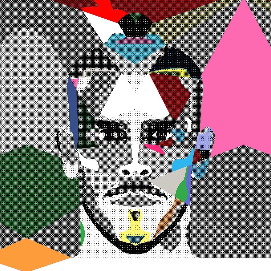 Illustration of a man's face with a mustache and topknot, rendered in a geometric and colorful collage style.
