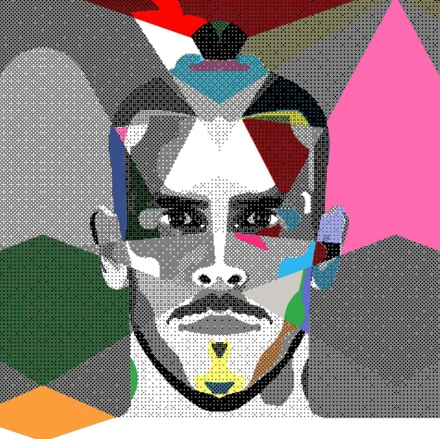 Illustration of a man's face with a mustache and topknot, rendered in a geometric and colorful collage style.