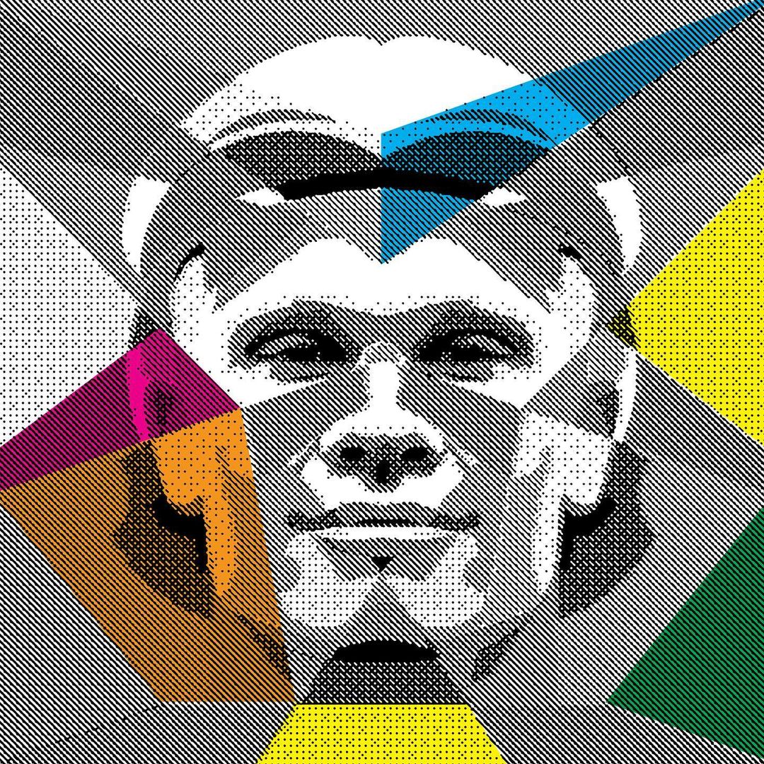 Pop art style portrait of a man in black and white halftone, with vibrant geometric color blocks against a textured background.