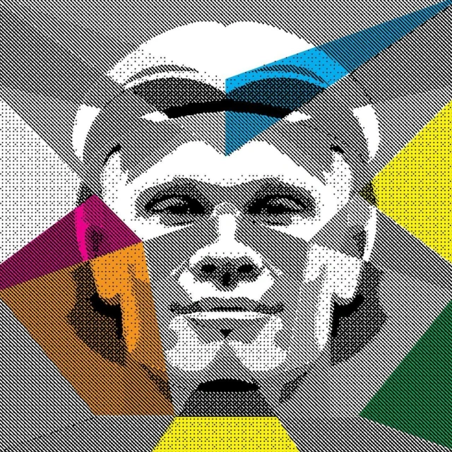 Pop art style portrait of a man in black and white halftone, with vibrant geometric color blocks against a textured background.
