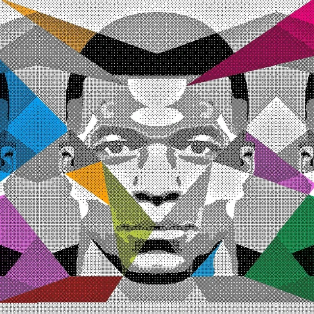 Abstract portrait of an African-American man's face with colorful triangles against a grayscale halftone background, geometric aesthetic.