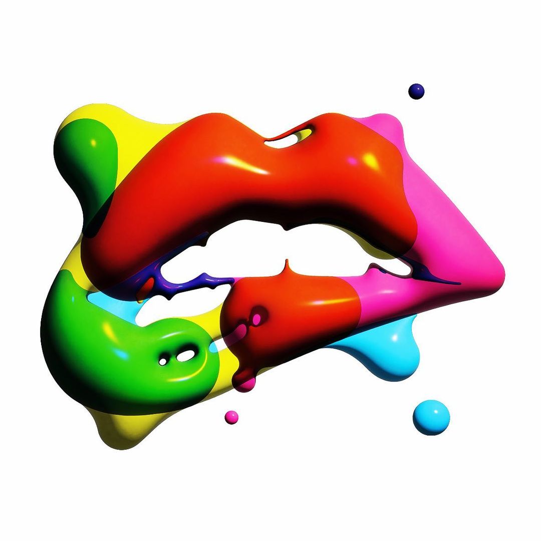 Abstract image of multicolored lips. The lips are red, pink, yellow, green, and blue, with paint dripping and a white background.