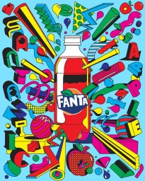 A vibrant 3D soda bottle surrounded by playful abstract shapes and bright typography against a light blue background