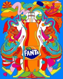 Vibrant psychedelic illustration by Steven Wilson featuring a central orange soda bottle surrounded by swirling colorful patterns and fruit motifs.